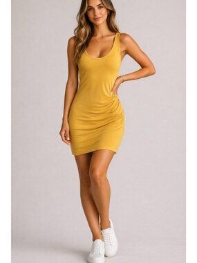Athleta Della Dress Fitted Tank Ruched Lined Mini Abyssinian Yellow, SZ Medium